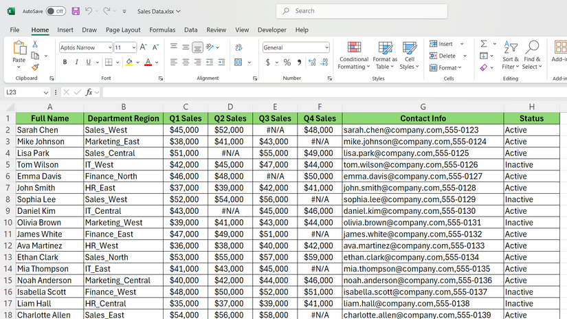 Salesperson dataset in Excel.