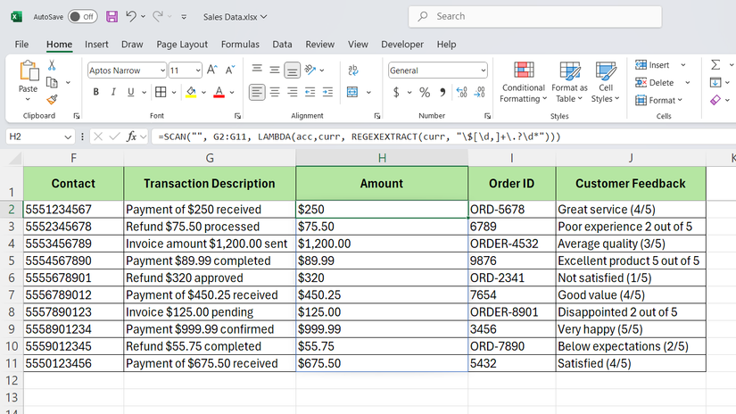 SCAN function using REGEXEXTRACT function in Excel to show only the transaction amounts in sales dataset.