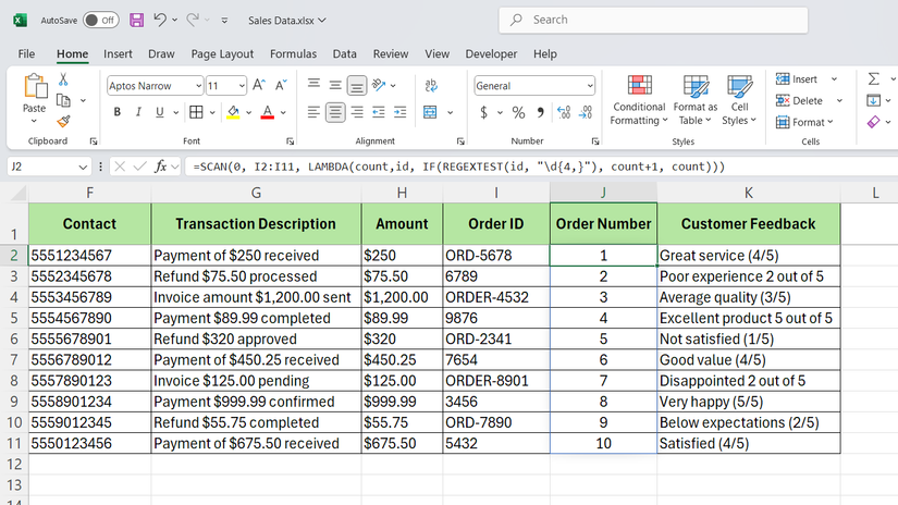 SCAN function using REGEXTEST function in Excel to show only the order numbers in sequence in sales dataset.