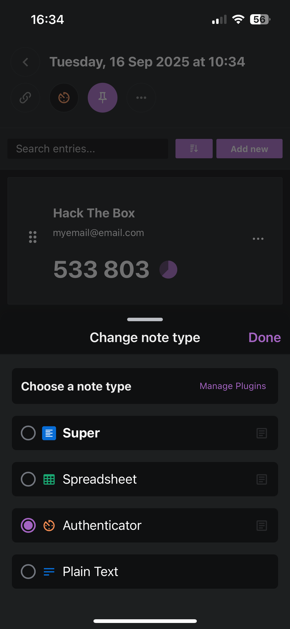 Selecting a note type in Standard Notes with Super, Spreadsheet, Authenticator, and Plain Text options displayed