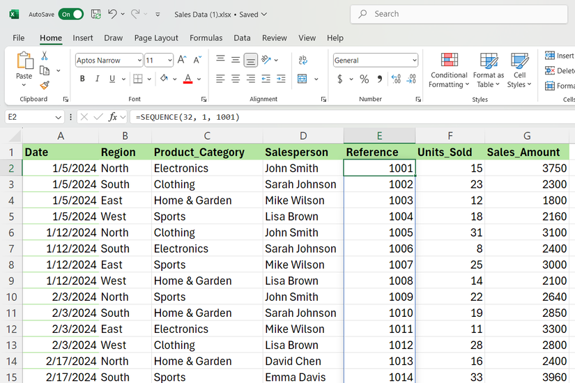 SEQUENCE function in sales spreadsheet to generate reference numbers in Excel.
