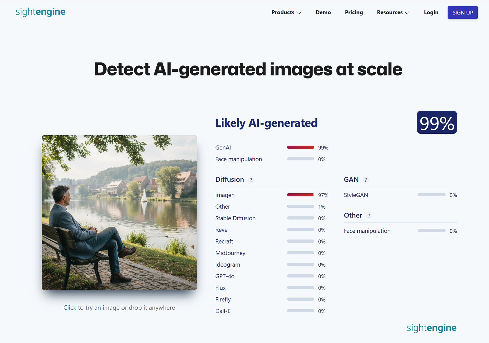 Sighengine detecting an AI image.