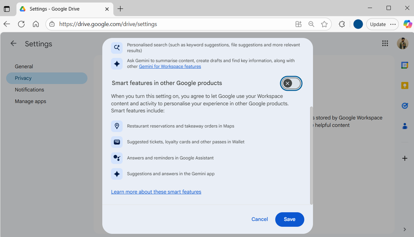 Smart features in other Google products option in Google Drive settings