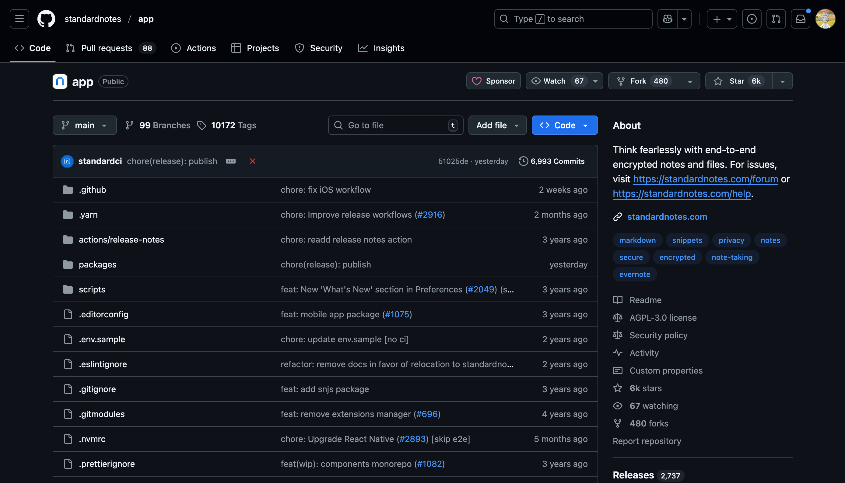 Standard Notes source code page on GitHub