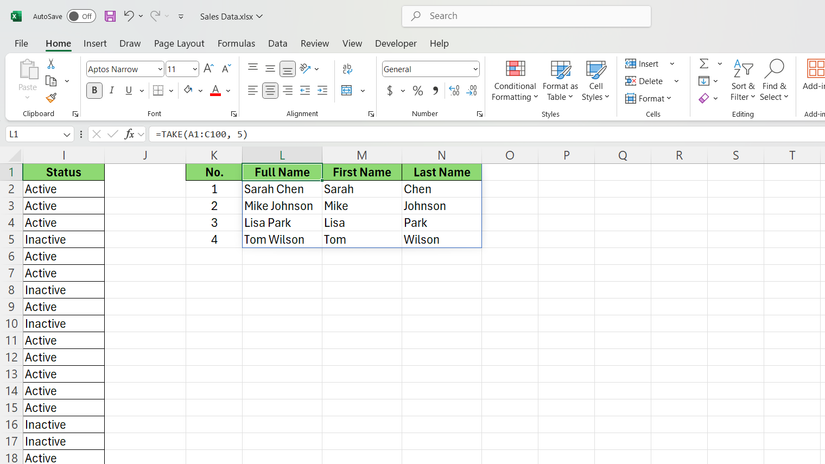 TAKE function in Excel to take first five rows from the dataset.