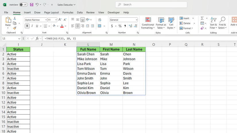 TAKE function in Excel to take first ten rows and three columns from the dataset.