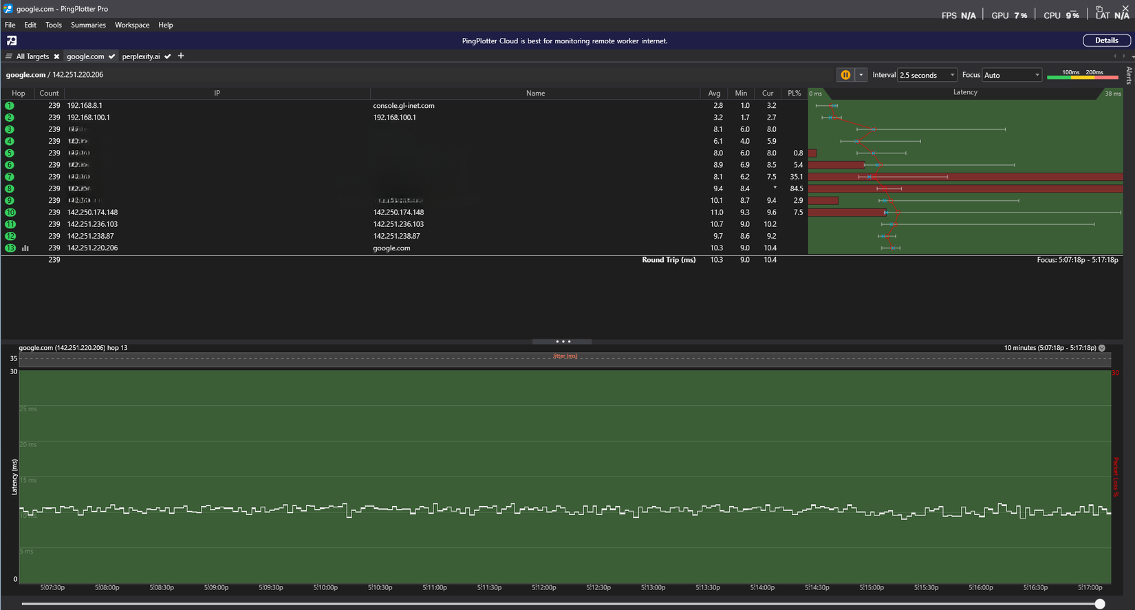 Google connection test result using PingPlotter