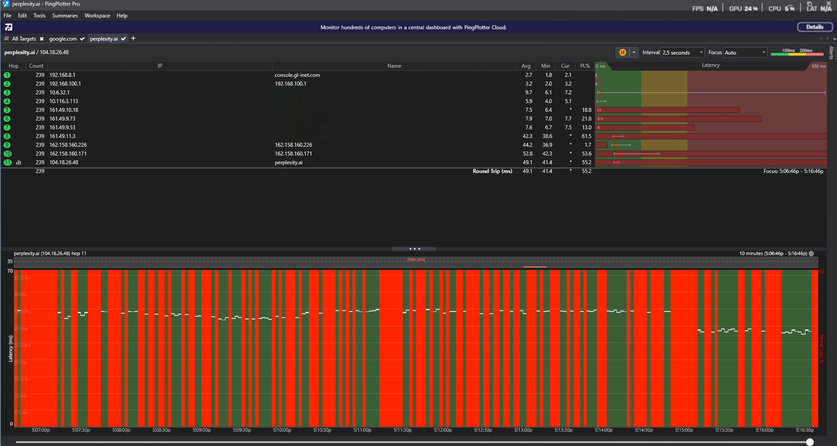Perplexity connection analysis using PingPlotter