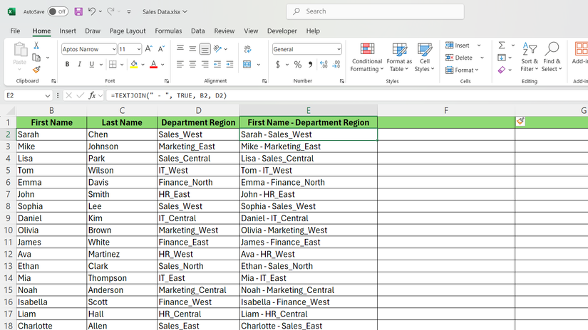 TEXTJOIN function in Excel to join the first name and department region of the salesperson.