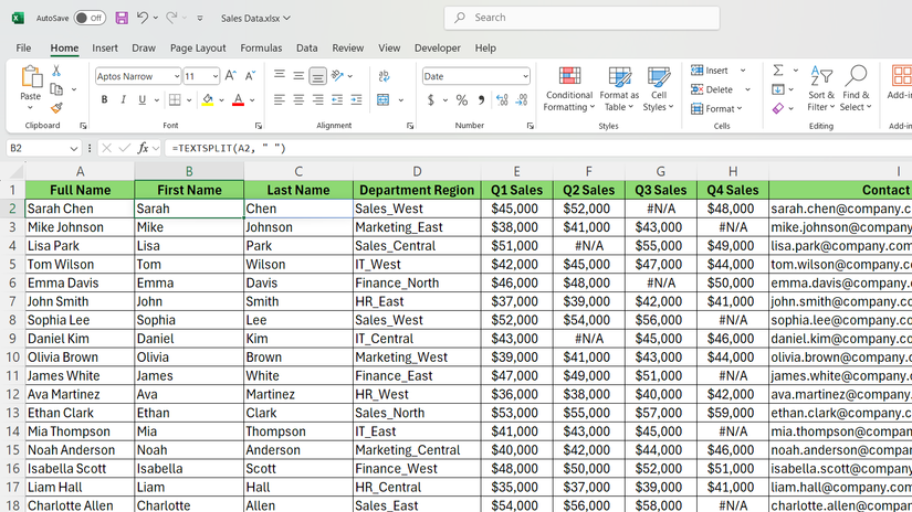 TEXTSPLIT function in Excel to split the full name.