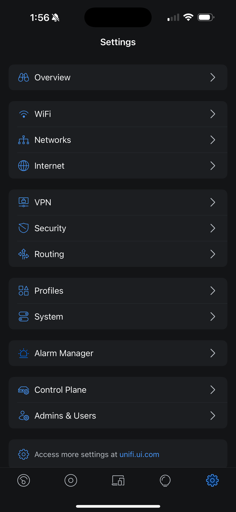 UniFi App settings menu