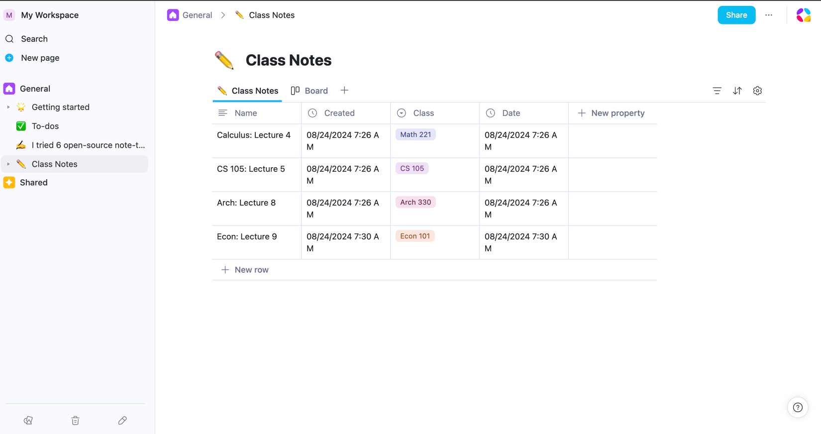 Using a class notes template in AppFlowy