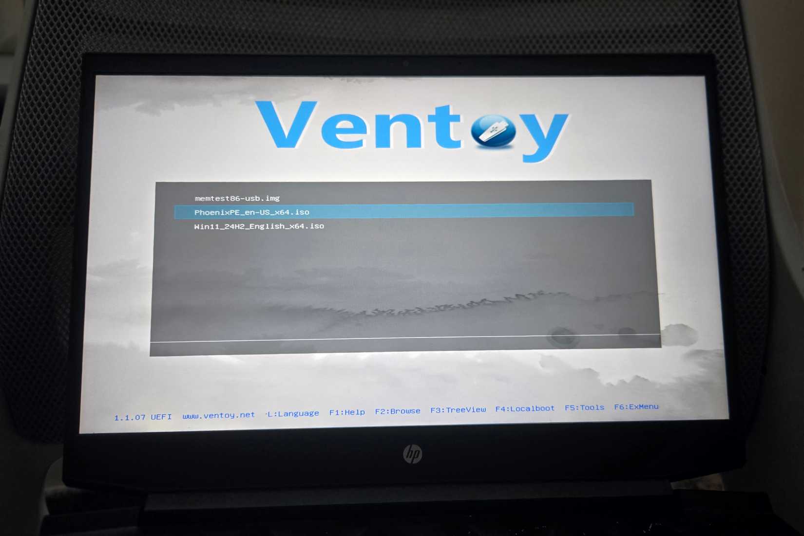 Ventoy Boot menu on a HP Pavillion laptop