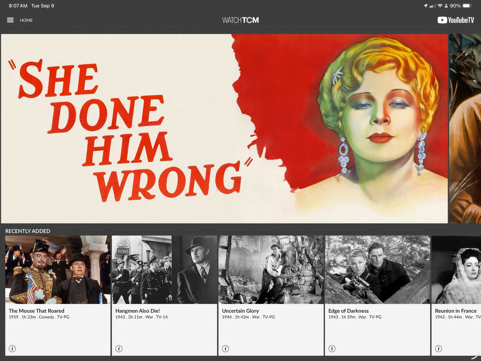 A screenshot showing the Watch TCM app on an iPad. 