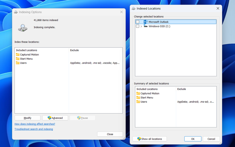 Windows 11 indexing settings