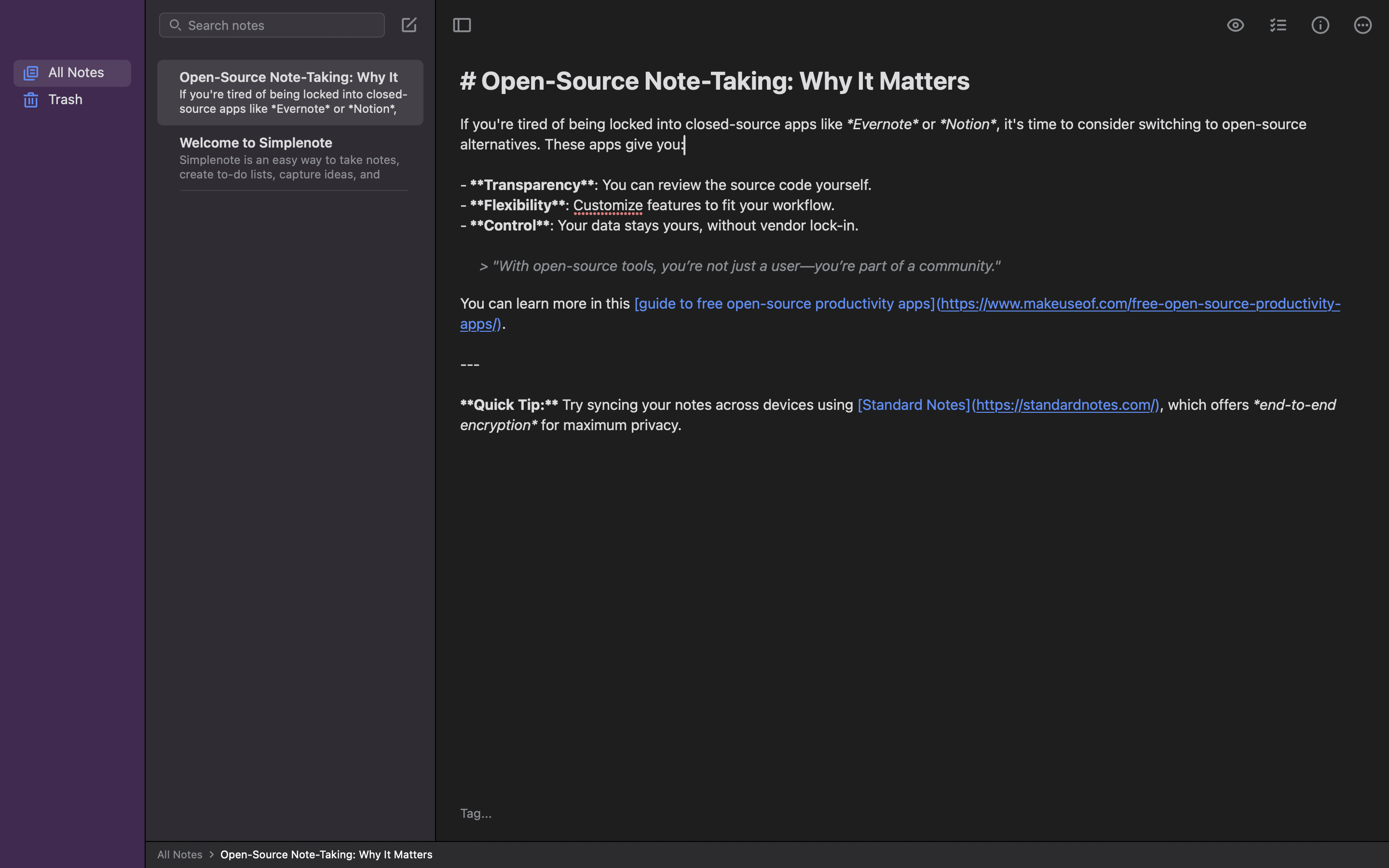 Writing a note in Markdown format in Simplenote