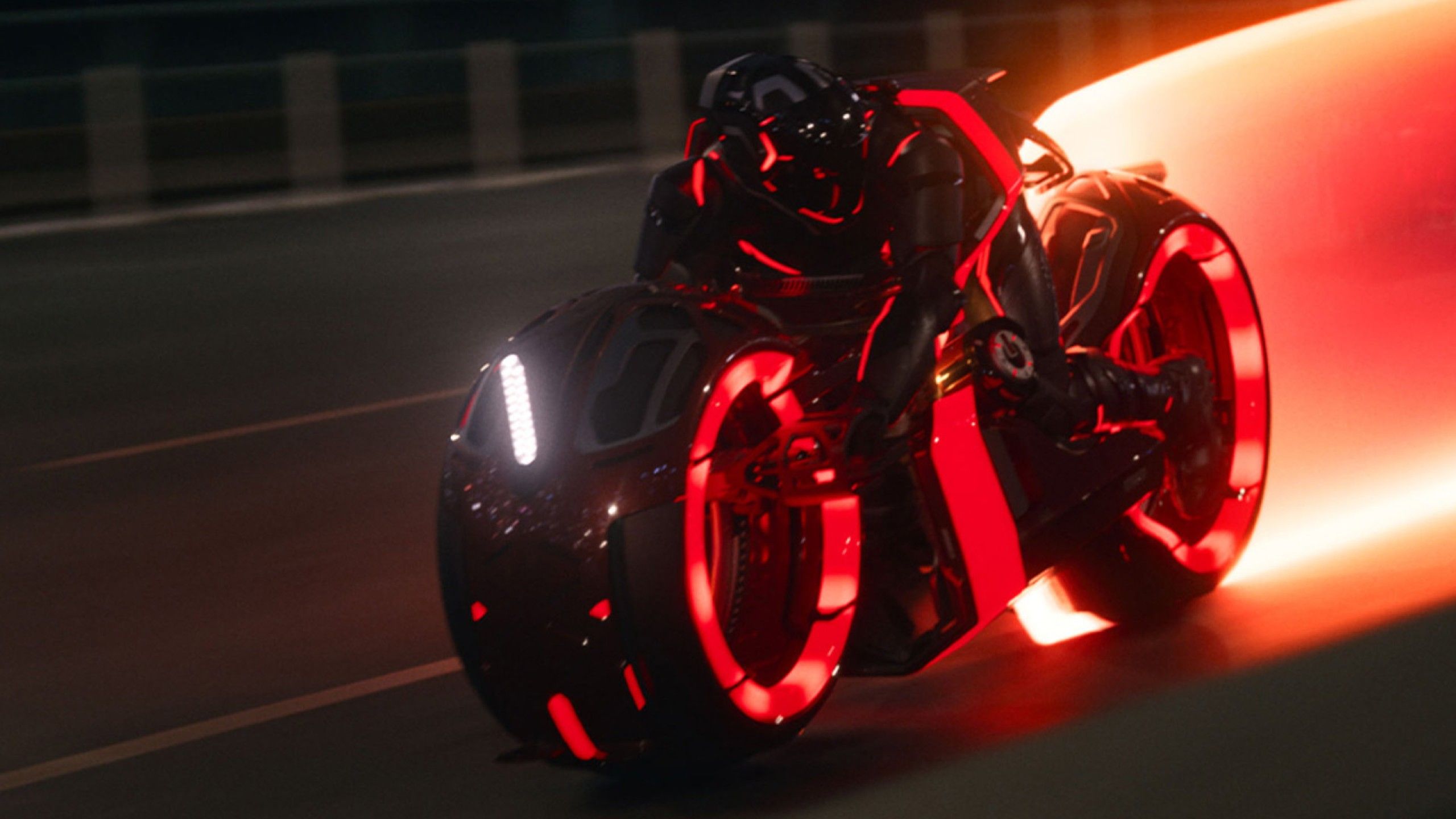 A character from Tron Ares riding a futurstic bike