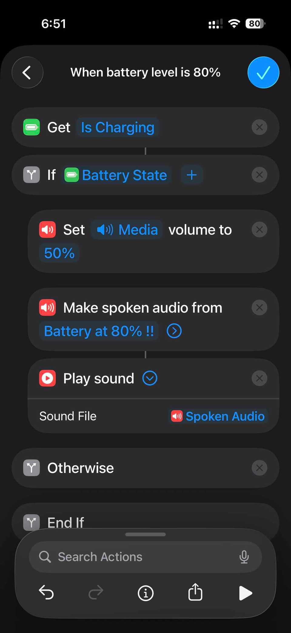 Adjusting volume and making spoken text actions in Apple Shortcuts