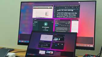 An HP Laptop and a BENQ monitor dual display setup kept on a wooden table