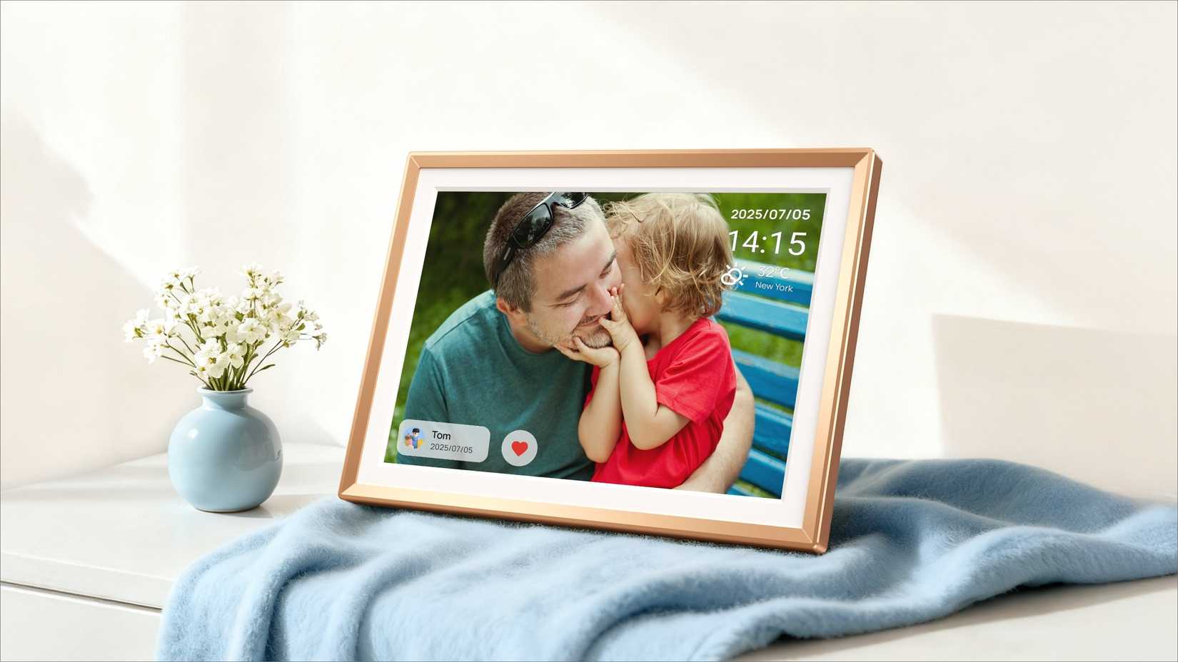 Arzopa D14 digital photo frame showing dad and child