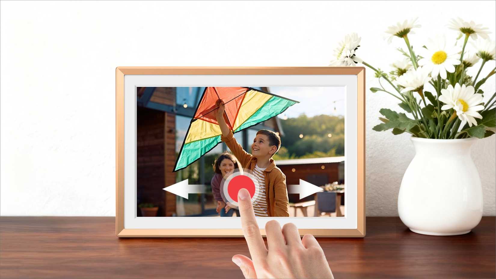 Person swiping on the Arzopa D14 Gold digital photo frame