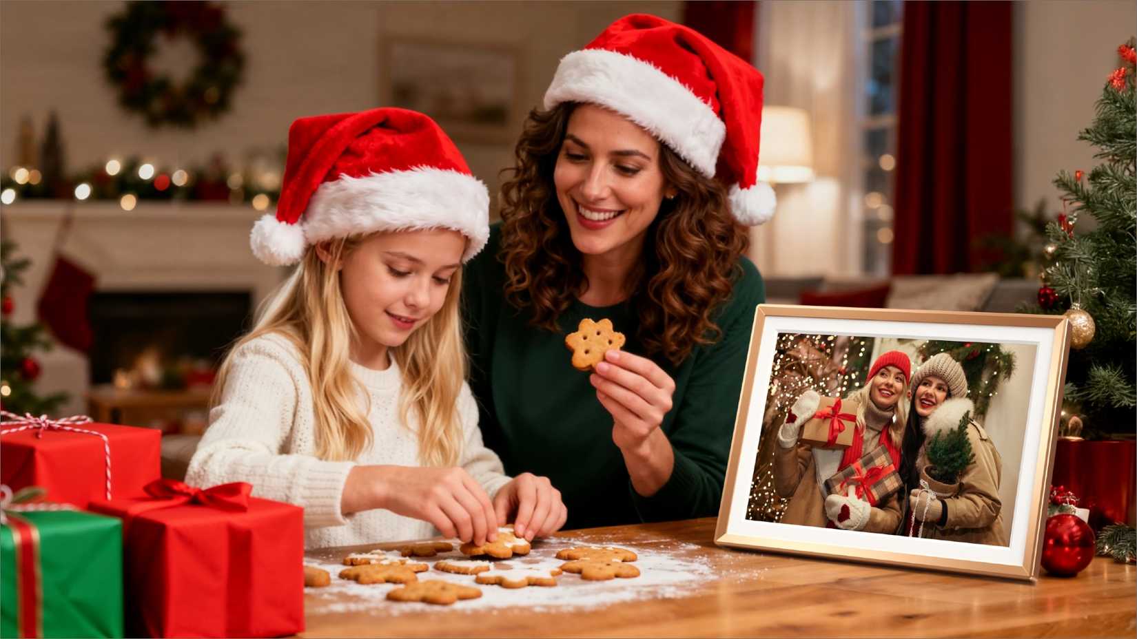 Woman and child making cookies Christmas beside the Arzopa D14 digital photo frame