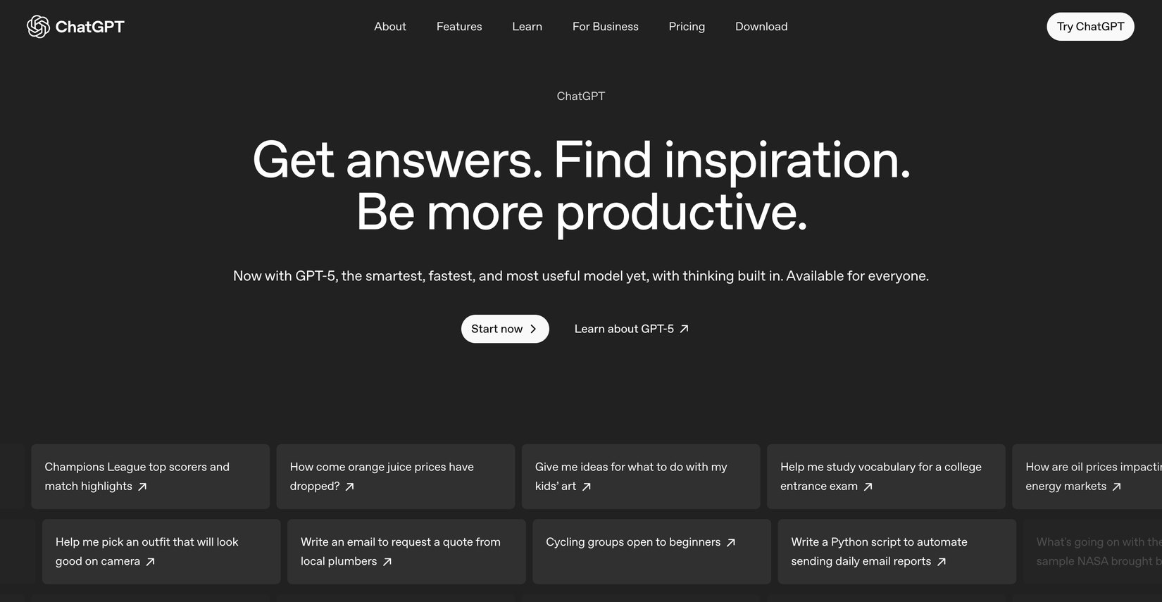 ChatGPT about us page showing a highlight of quick prompts and the AI's capabilities