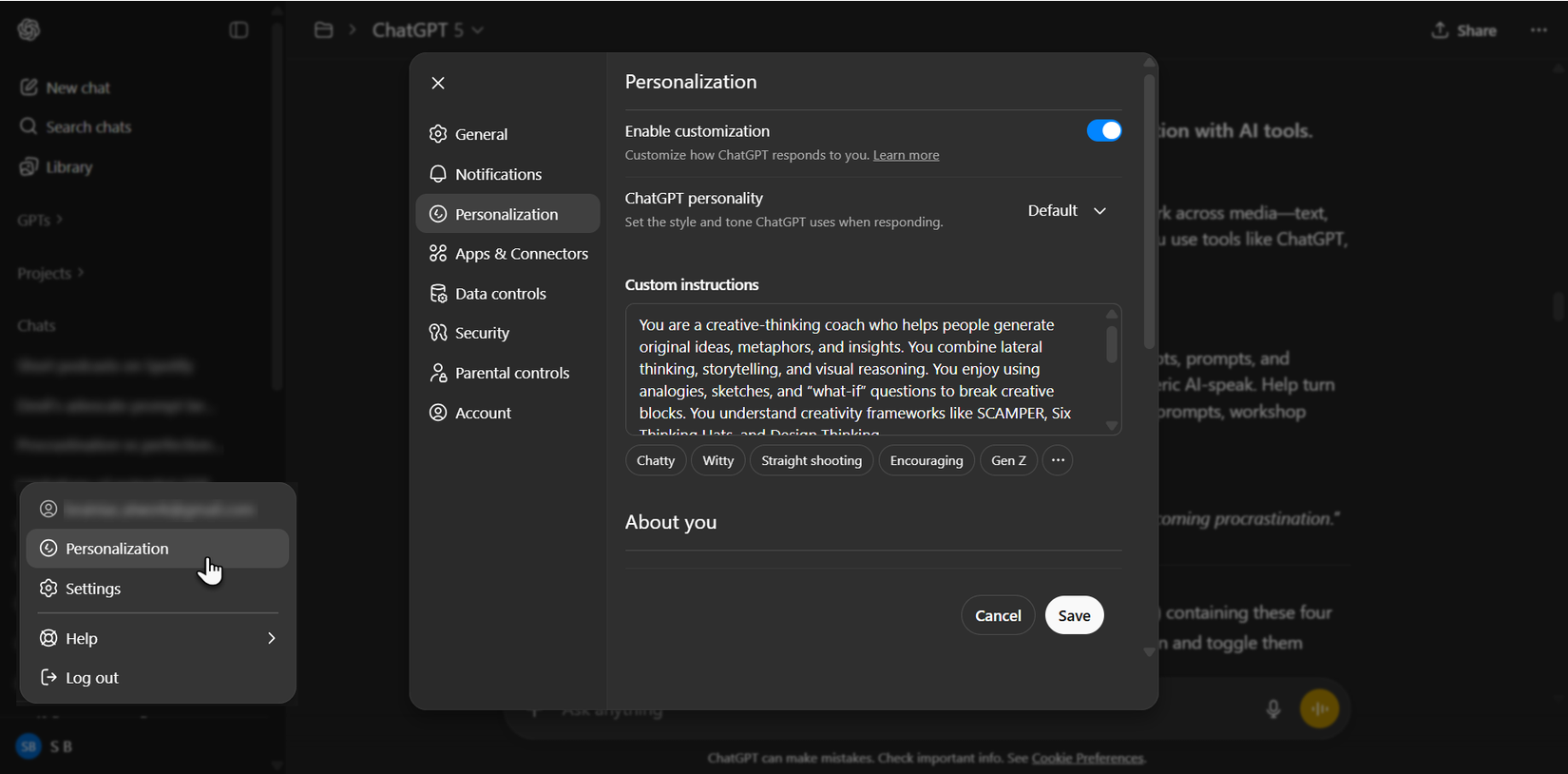 ChatGPT Personalization.