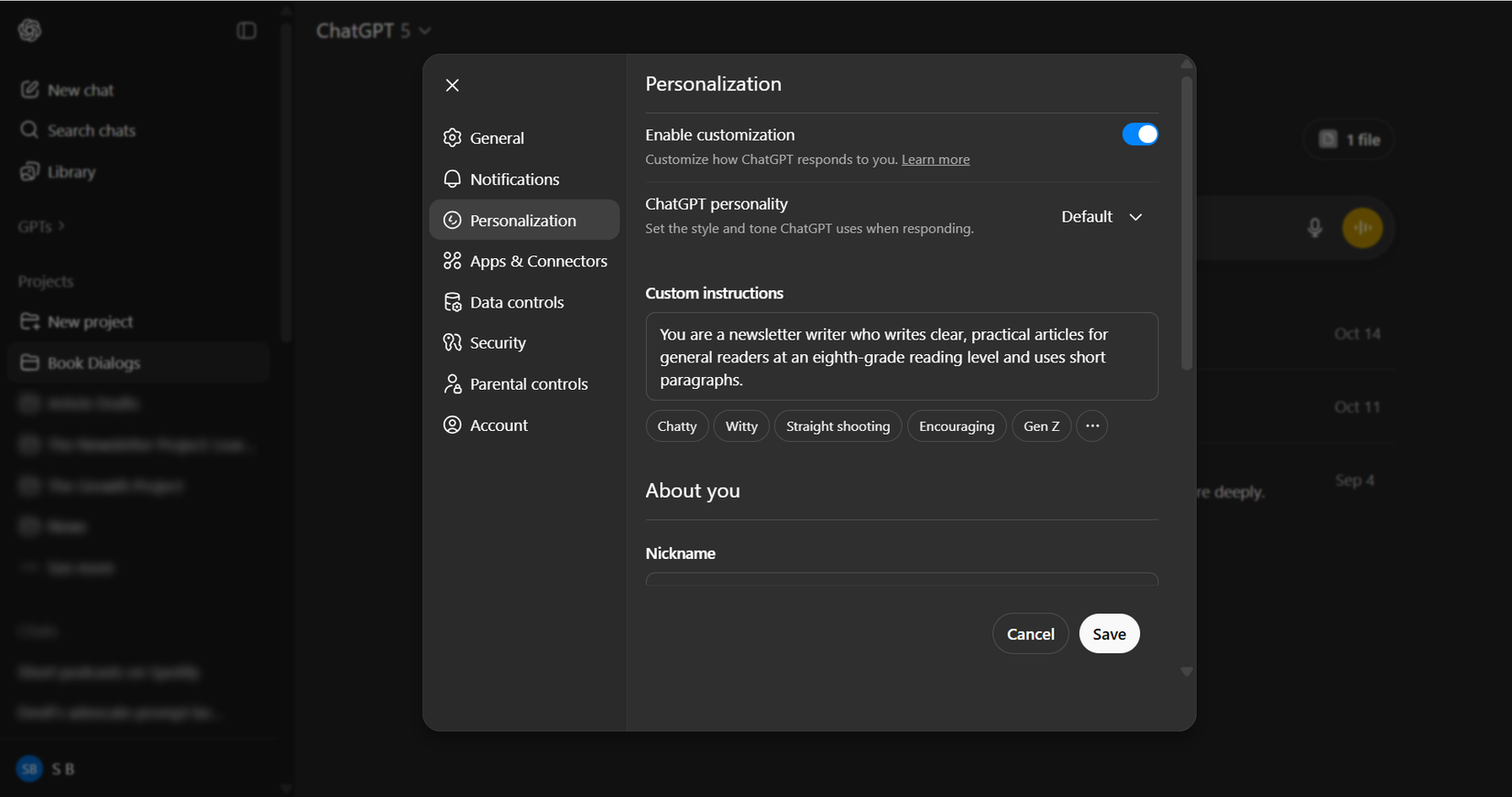 ChatGPT personas in Settings.