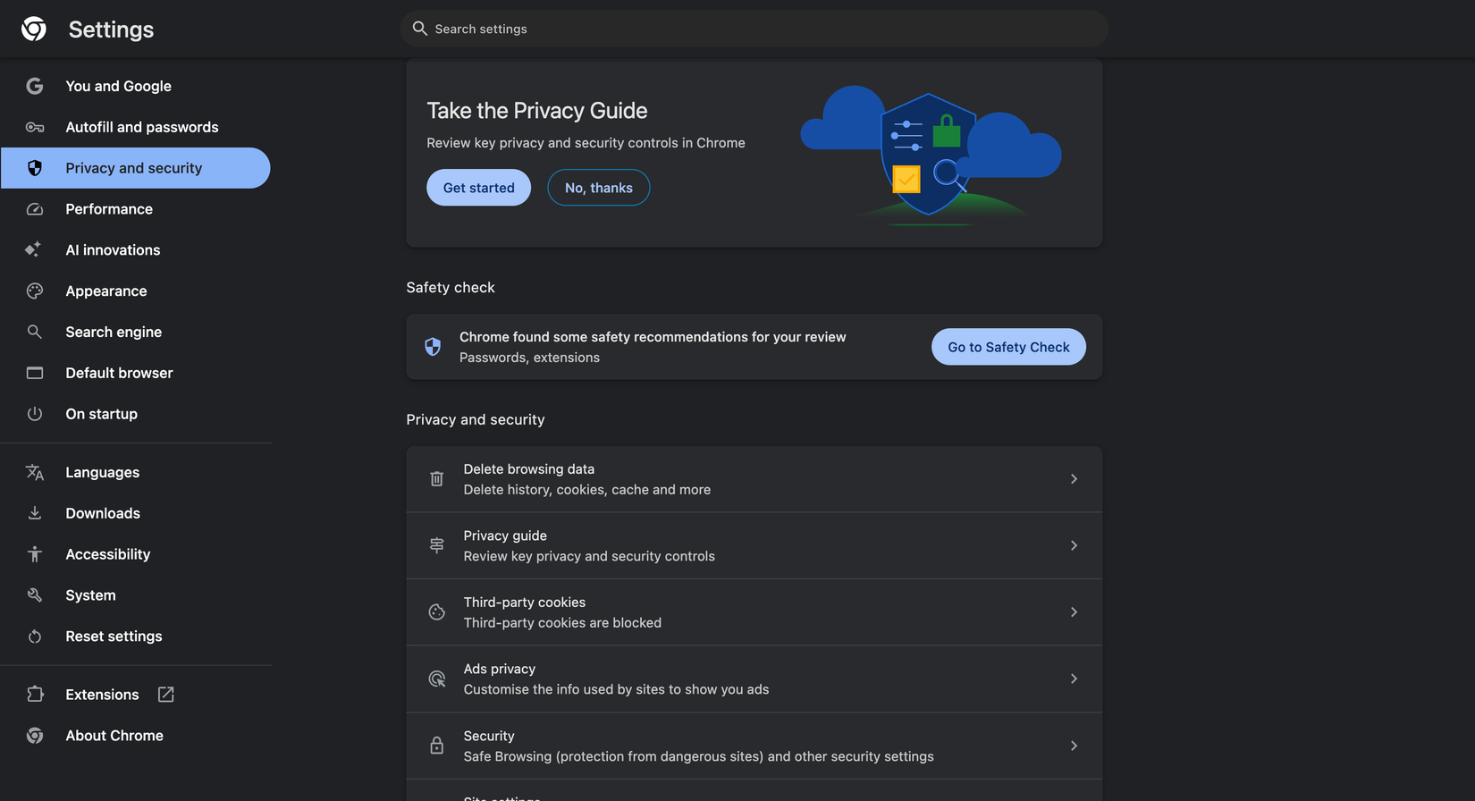 Chrome privacy settings section