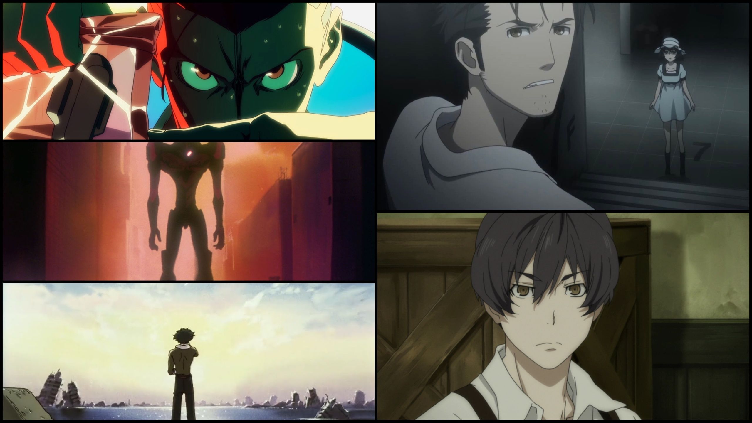 collage of cyberpunk edgerunners neon genesis evangelion cowboy bebop steins gate and 91 days