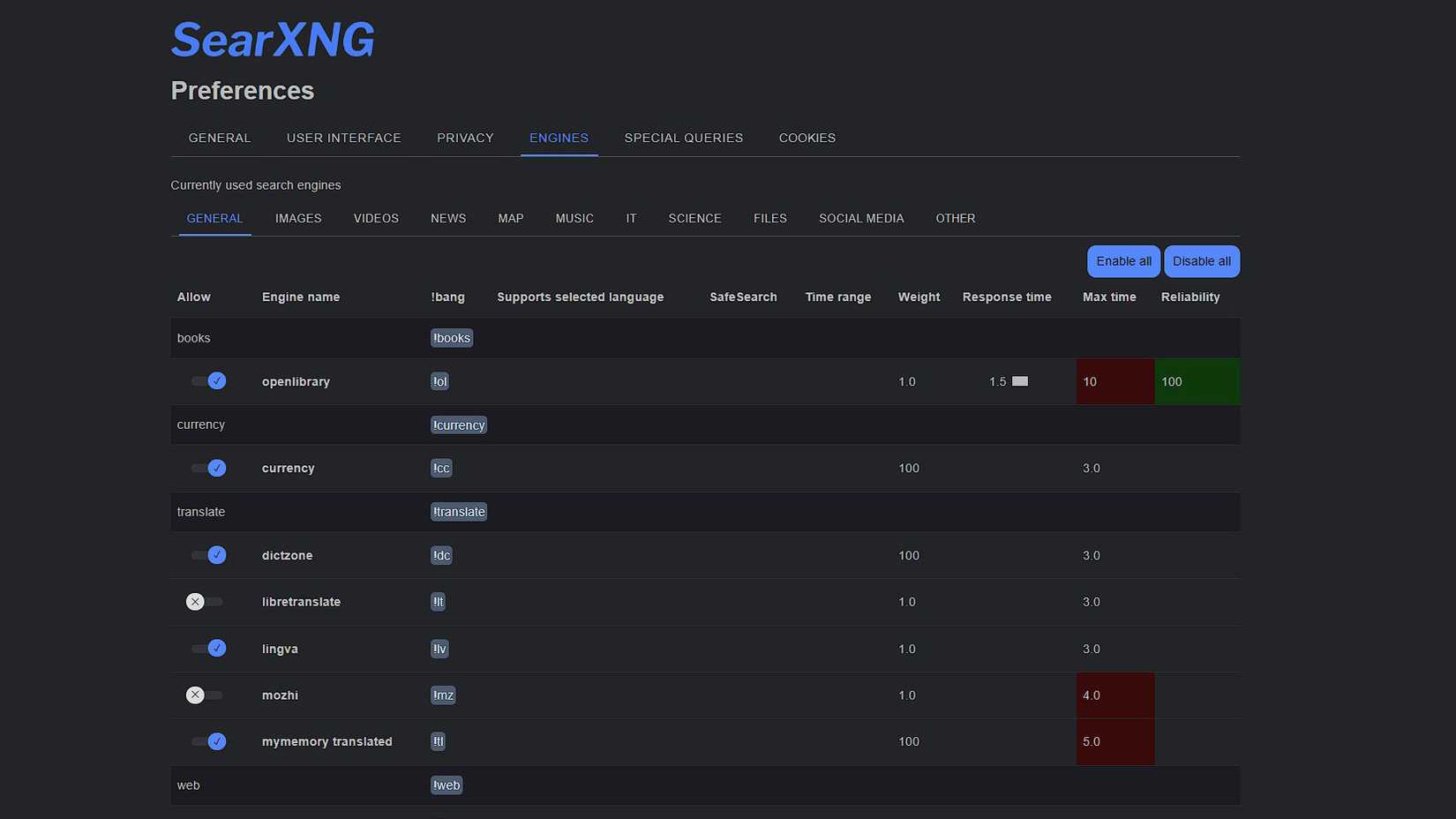 Engines settings in SearXNG
