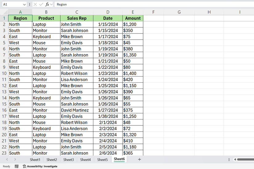 Excel sales spreadsheet with first cell of the dataset selected.