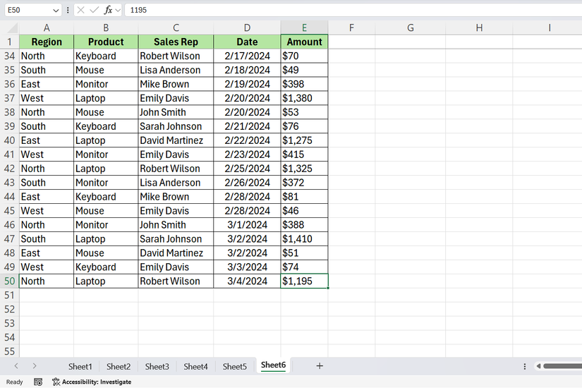 Excel sales spreadsheet with last cell of the dataset selected.