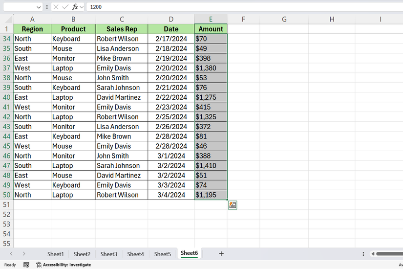 Excel sales spreadsheet with last column of the dataset selected.