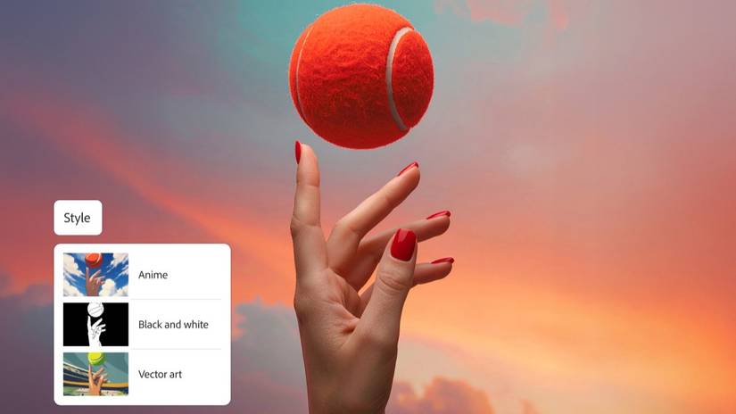 Функція в стилі Adobe Firefly із рукою, яка кидає тенісний м’яч у фоновому режимі