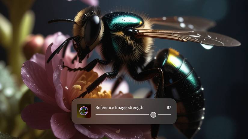 Функція Adobe Firefly Reference Image Power, бджола на квітці на задньому плані