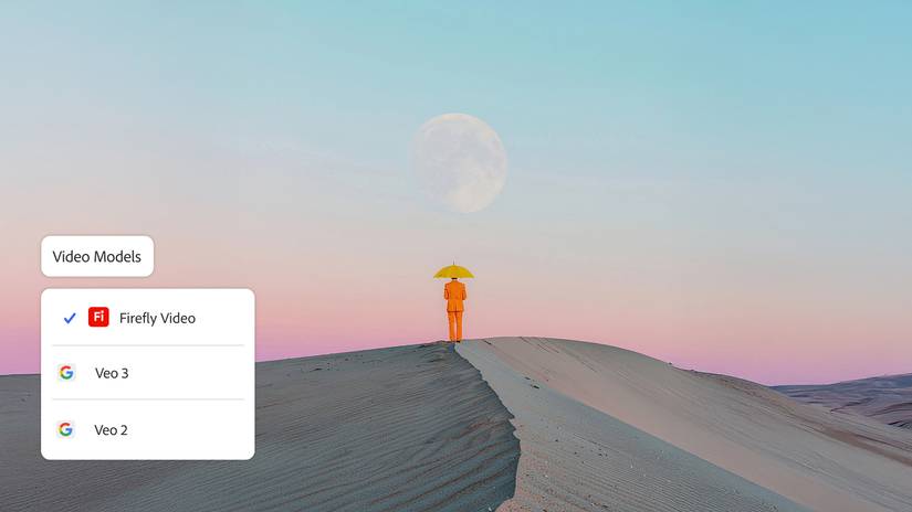 Відеомоделі Adobe Firefly відображаються із зображенням пустелі у фоновому режимі