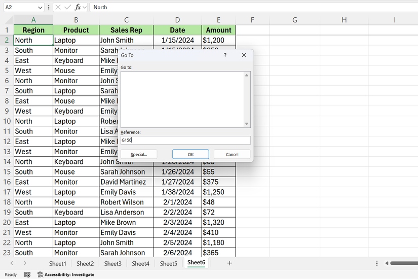 Go-to dialog box in Excel.