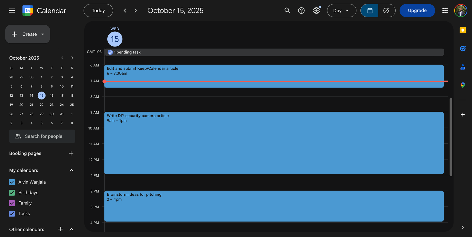 Google Calendar day activities view