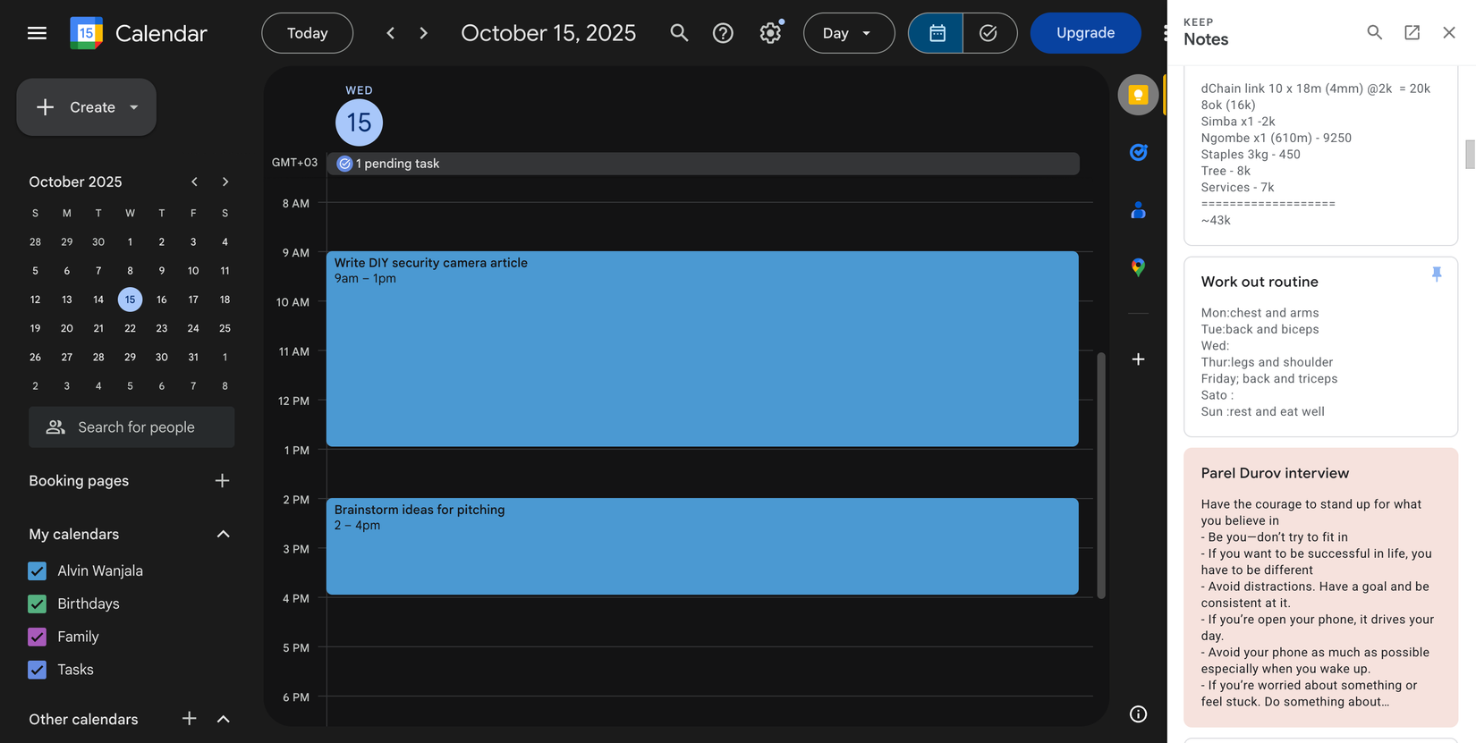 Google Calendar with Keep opened in the sidebar