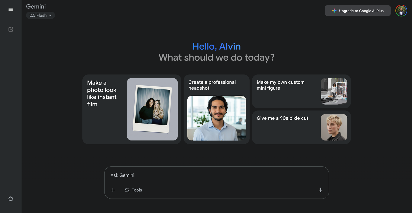 Google Gemini chat interface showing different shortcuts