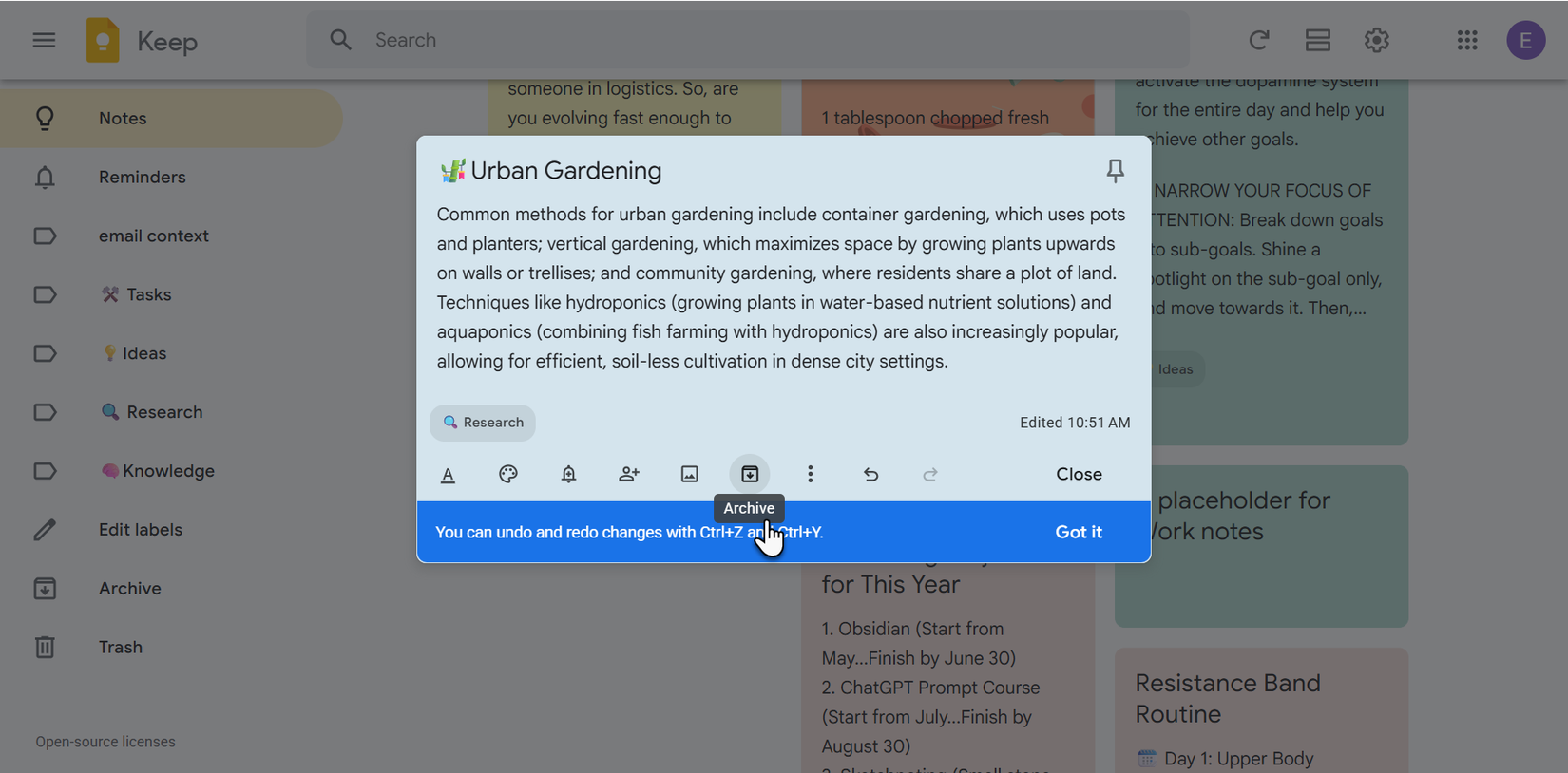 Google Keep archive lists.