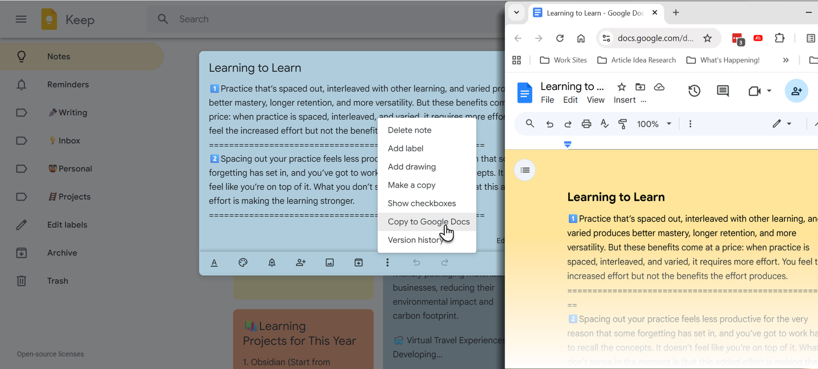 Google Keep's Copy-To-Google-Docs feature.