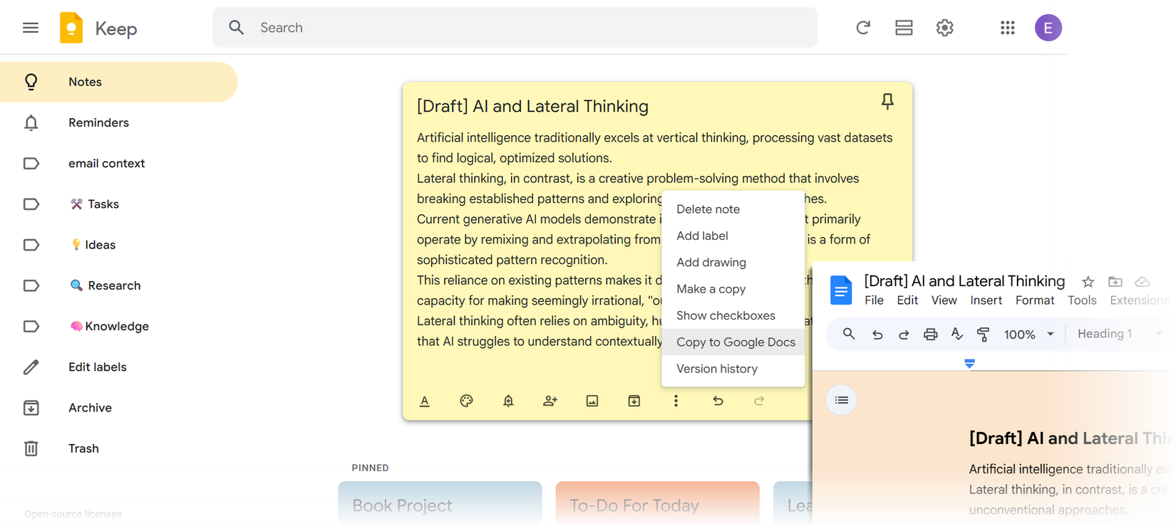 Google Keep Copy long notes to Google Docs.