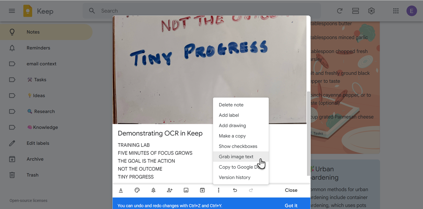 Google Keep's optical character recognition feature.