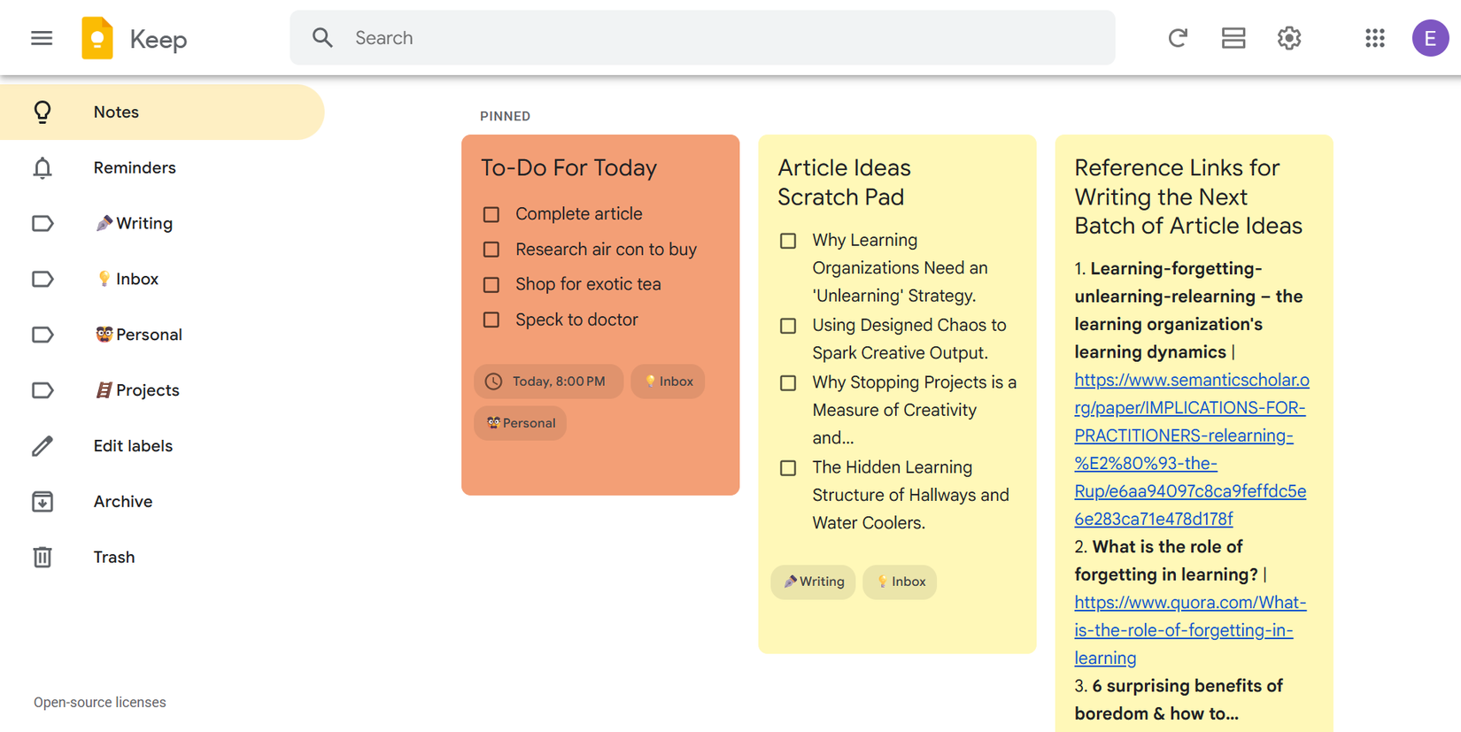 Pin what's important to the top in Google Keep.