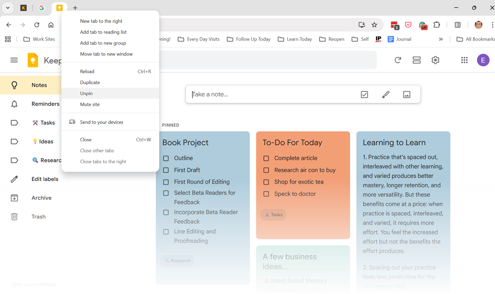 Google Keep quick-access shortcuts
