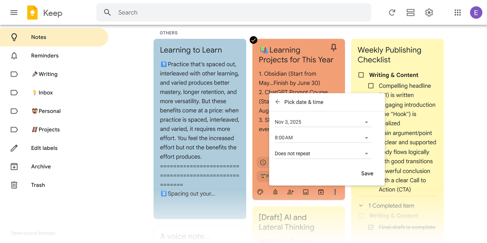 A reminder and a checklist for tasks in Google Keep.