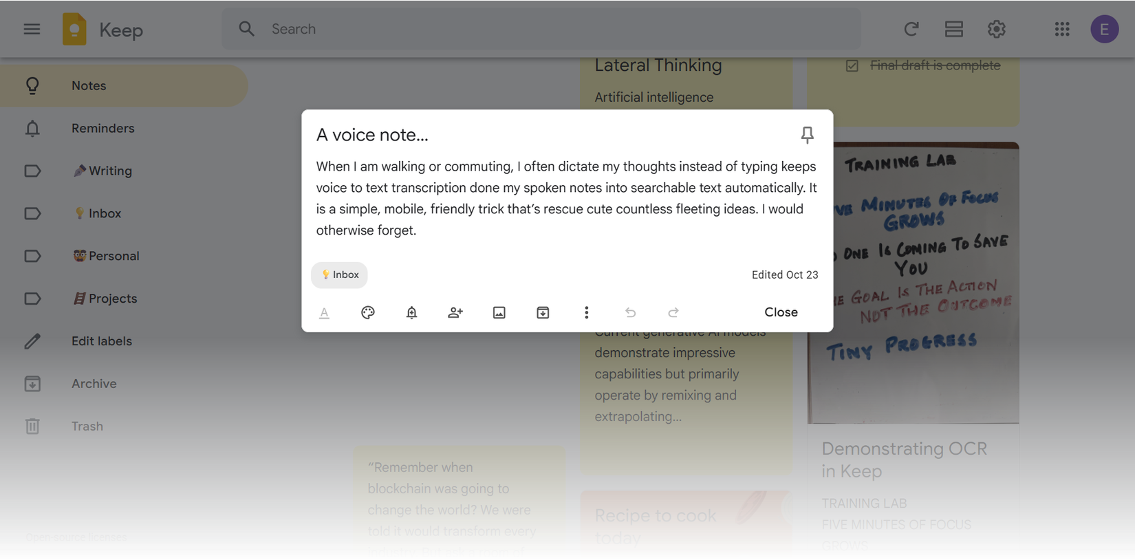 Instant capture with a Google Keep voice note.